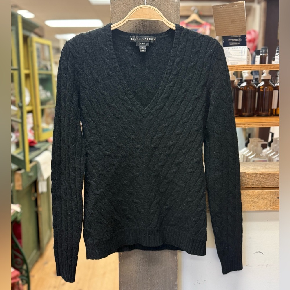 Ralph Lauren Black Label 100% Cashmere V-Neck Cableknit Sweater Slim M
